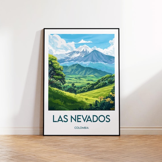 Las Nevados Colombia Snowy Volcano Over Green Meadows Travel Poster