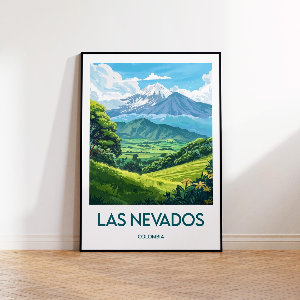 Las Nevados Colombia Snowy Volcano Over Green Meadows Travel Poster