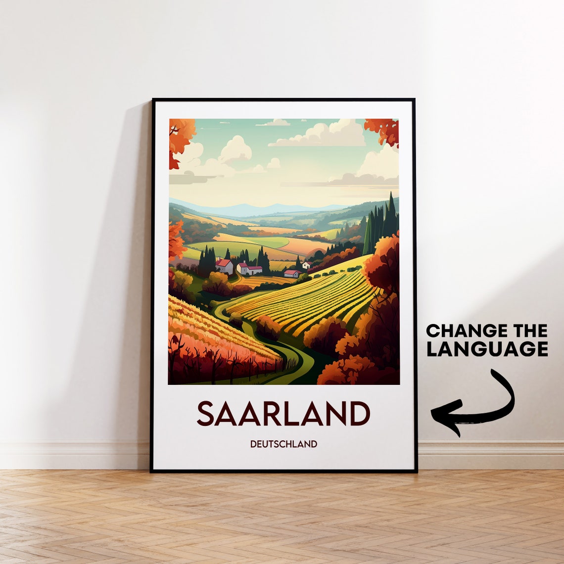 Beautiful Saarland Deutschland Autumn Vineyard Hills Travel Poster