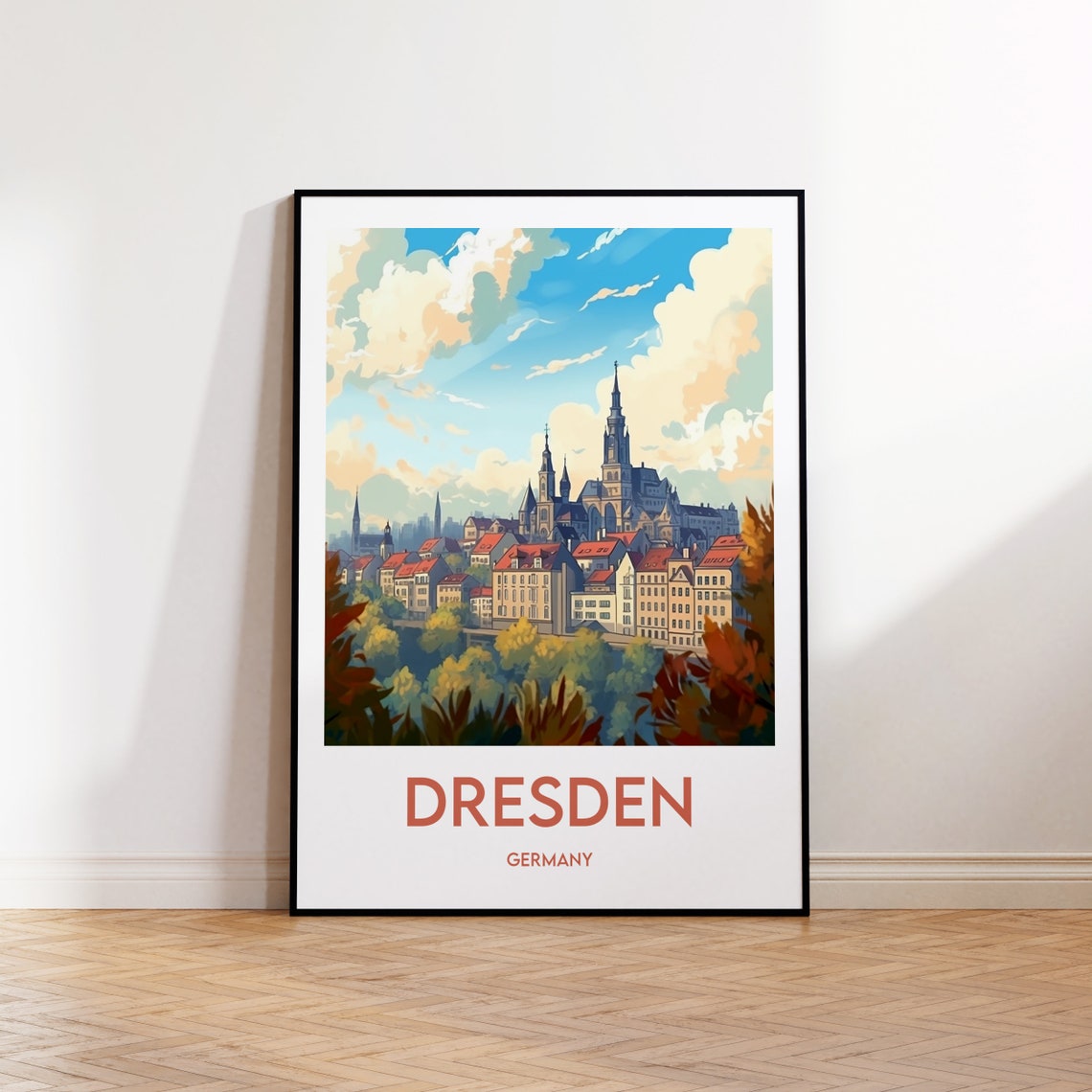 Dresden Germany Vintage Old Town Cathedral Skyline Travel Poster