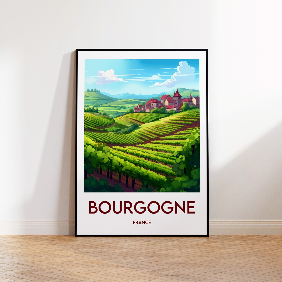 Bourgogne France Vineyard Hills Village Vintage Travel Poster