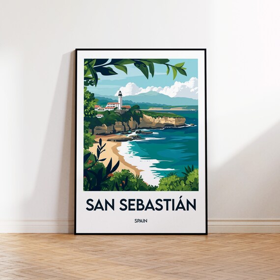 San Sebastián Spain Lighthouse Bay Turquoise Coast Travel Poster