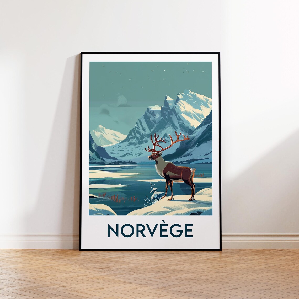 Norway Reindeer Snowy Mountain Lake Winter Wonderland Travel Poster