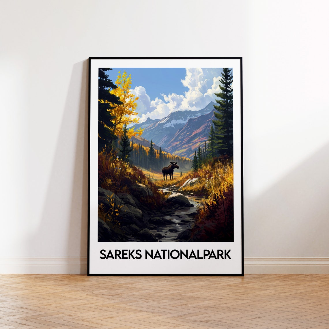 Sarek National Park Moose Autumn Mountains Travel Illustration Poster
