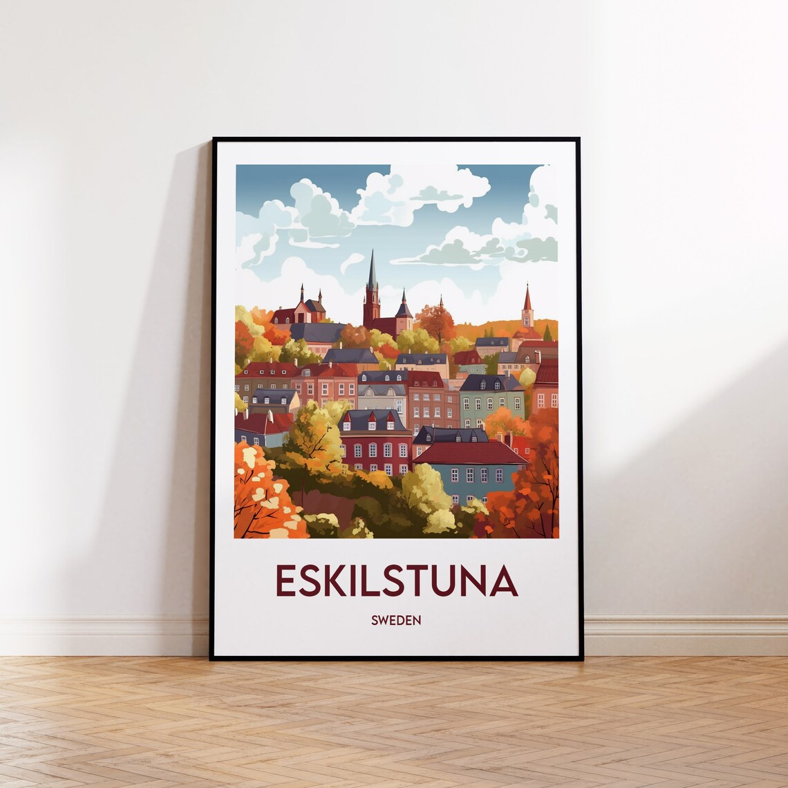 Eskilstuna Sweden Vintage Travel Poster Autumn Old Town Skyline