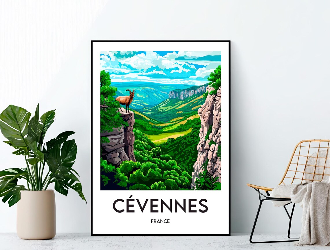 Cévennes France Wild Goat Standing on a Cliff Over a Green Canyon Poster