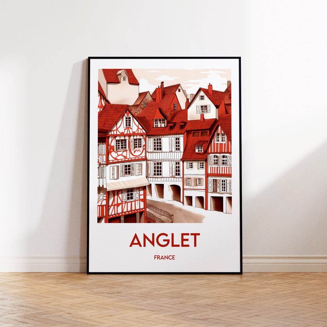 Anglet France Vintage Red Roof Half Timbered Town Travel Poster