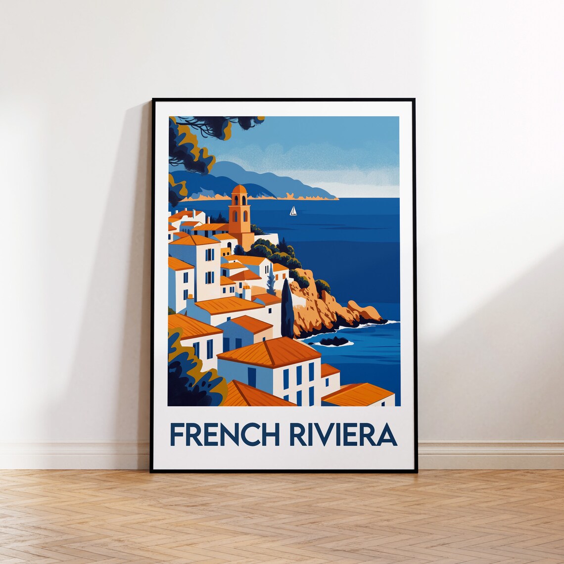 Sunny French Riviera Coastal Village Sailboat Blue Sea Travel Poster