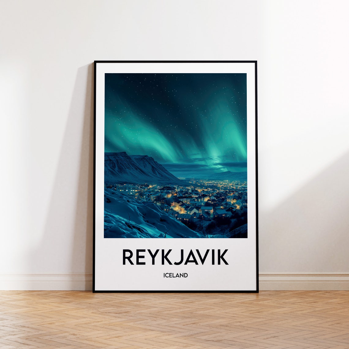 Reykjavik Iceland Northern Lights Snowy Night City Glow Poster