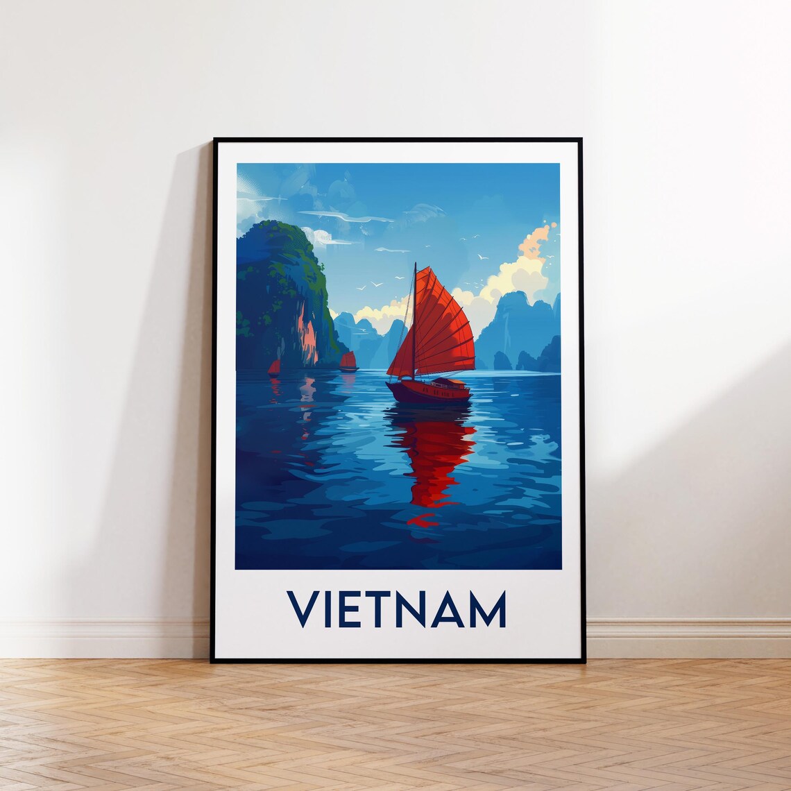 Vietnam Red Sail Junk Boat Karst Bay Waters Classic Travel Poster