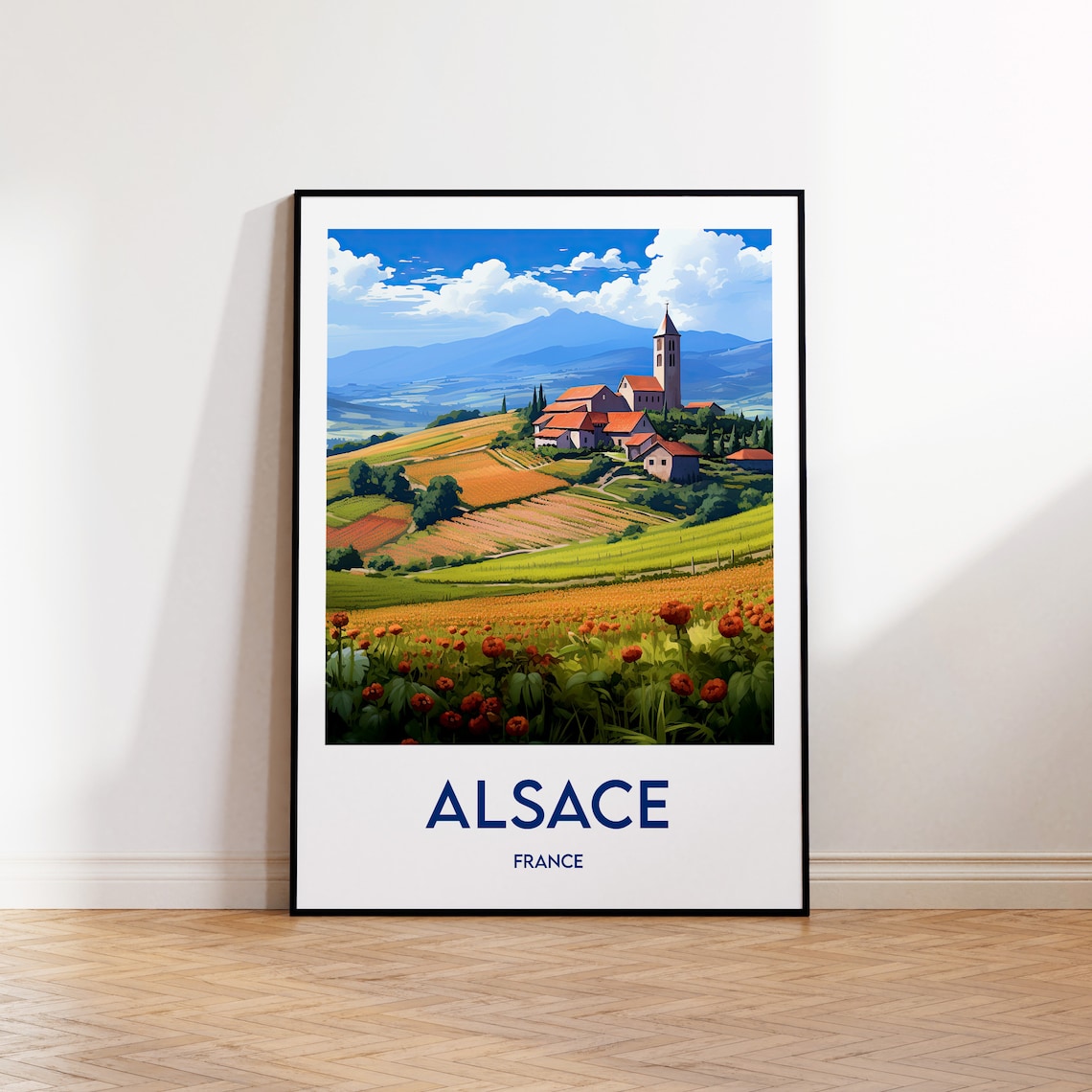 Alsace France Vintage Travel Poster Village Vineyards Poppy Field