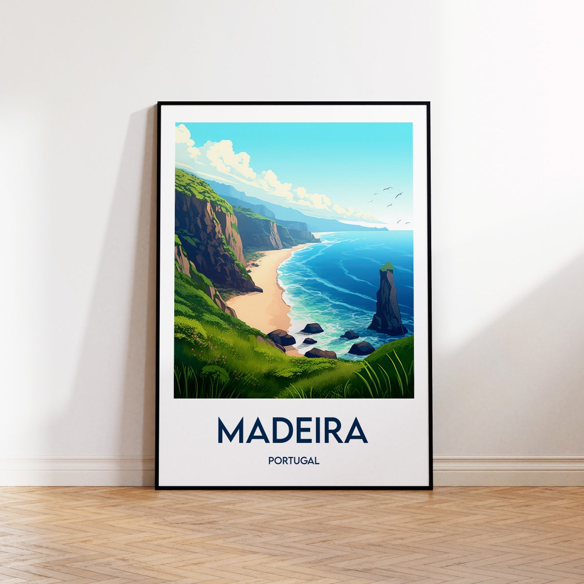 Madeira Portugal Vintage Travel Poster Green Cliffs Beach Sea Stacks