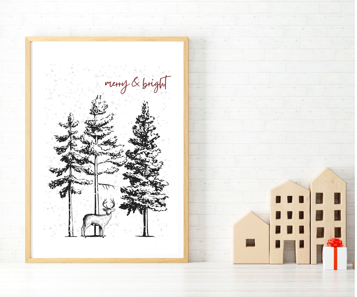 Merry and Bright Reindeer Snowy Pines Forest Wall Decor Poster - Image 2