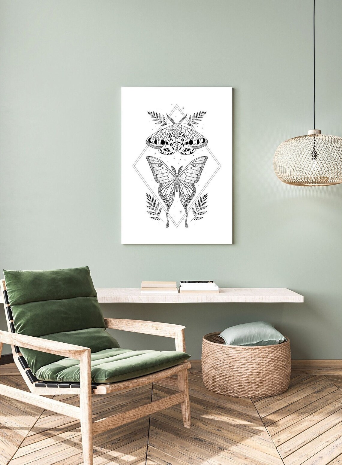 Celestial Moth Moon Phase Boho Mystical Geometric Diamond Line Art Poster - Image 3