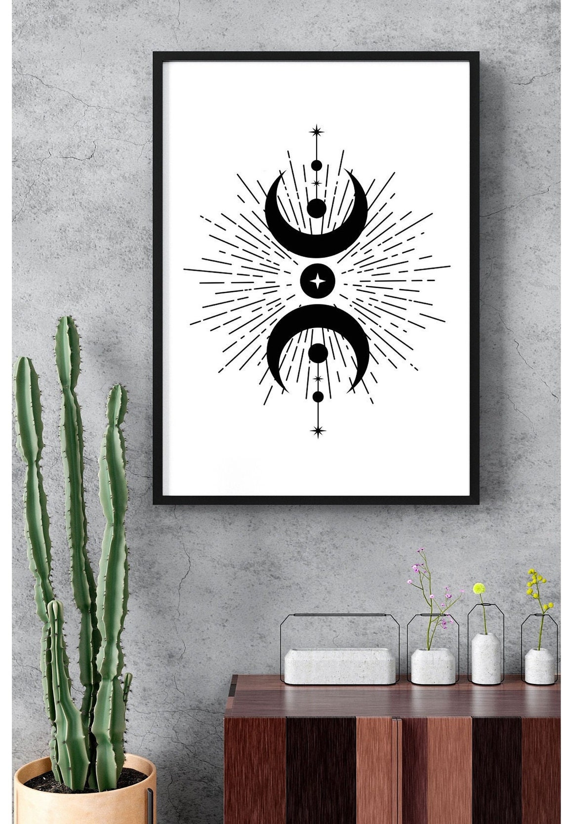 Symmetrical Celestial Crescent Moon Radiant Boho Line Art Poster - Image 2