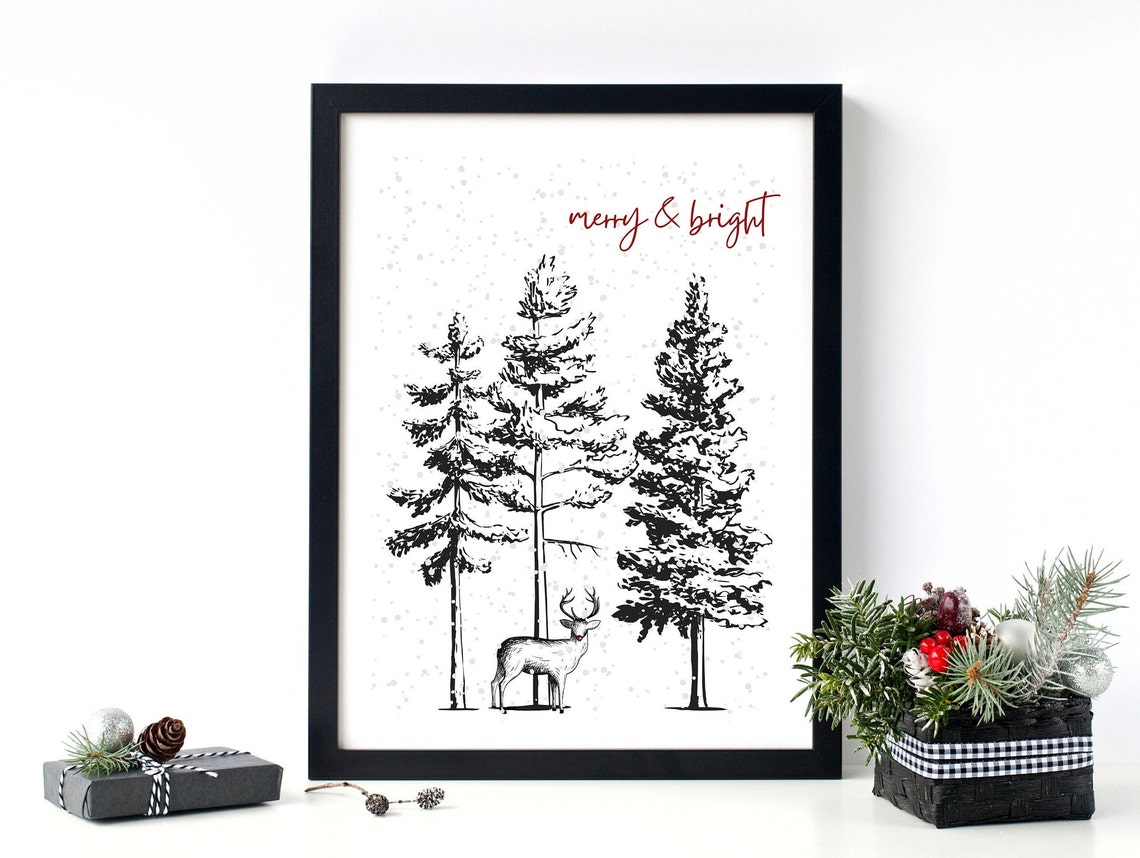 Merry and Bright Reindeer Snowy Pines Forest Wall Decor Poster - Image 3