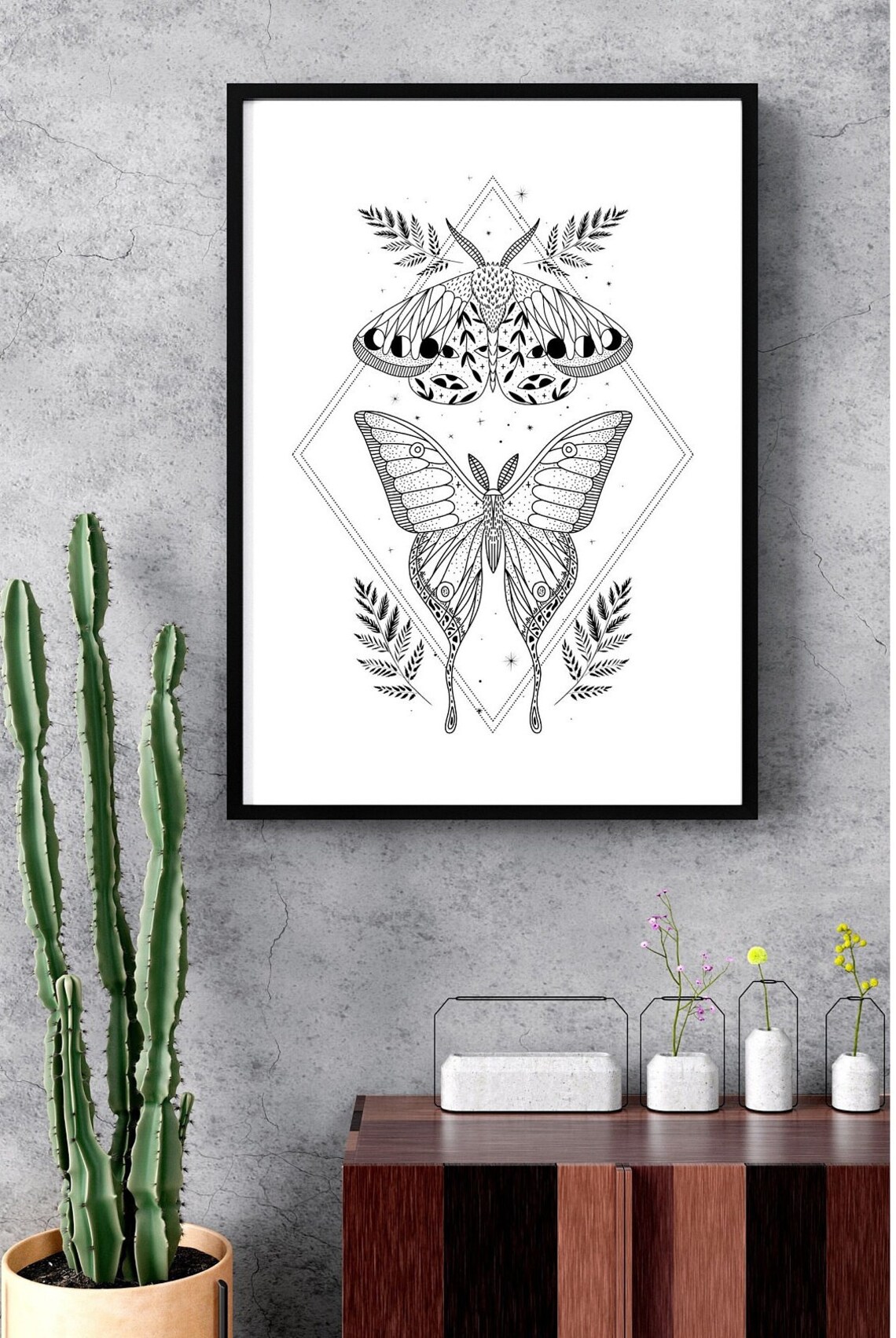 Celestial Moth Moon Phase Boho Mystical Geometric Diamond Line Art Poster - Image 5