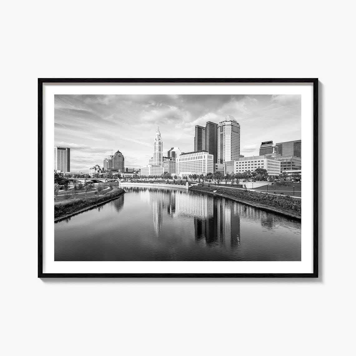 Columbus Ohio Downtown Skyline Scioto River Black White Poster
