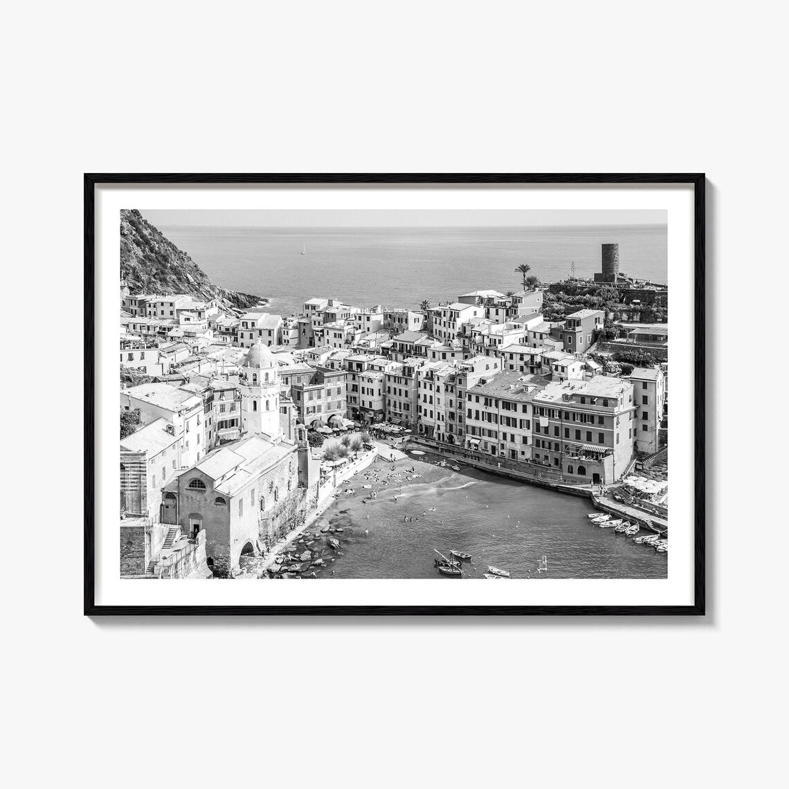 Cinque Terre Coastal Village Black and White Photography Poster