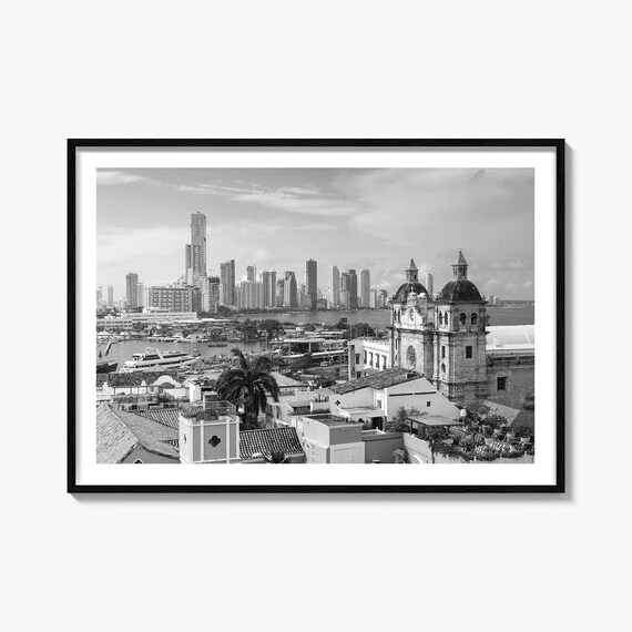 Colombia Cartagena Harbor Old Town Church Black White Poster