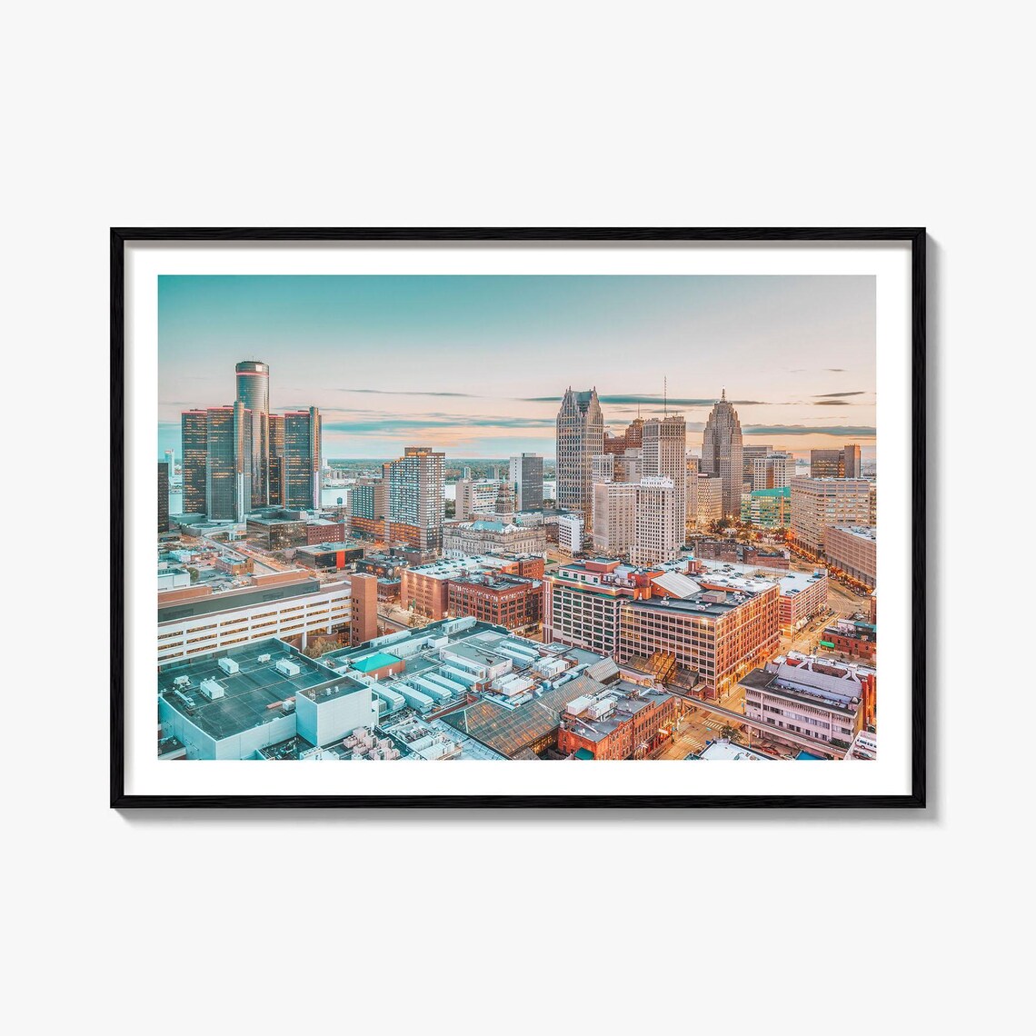 Detroit Michigan Skyline Renaissance Center Sunset Aerial Poster