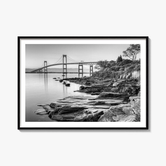 Newport Suspension Bridge Over The Water Black And White Poster