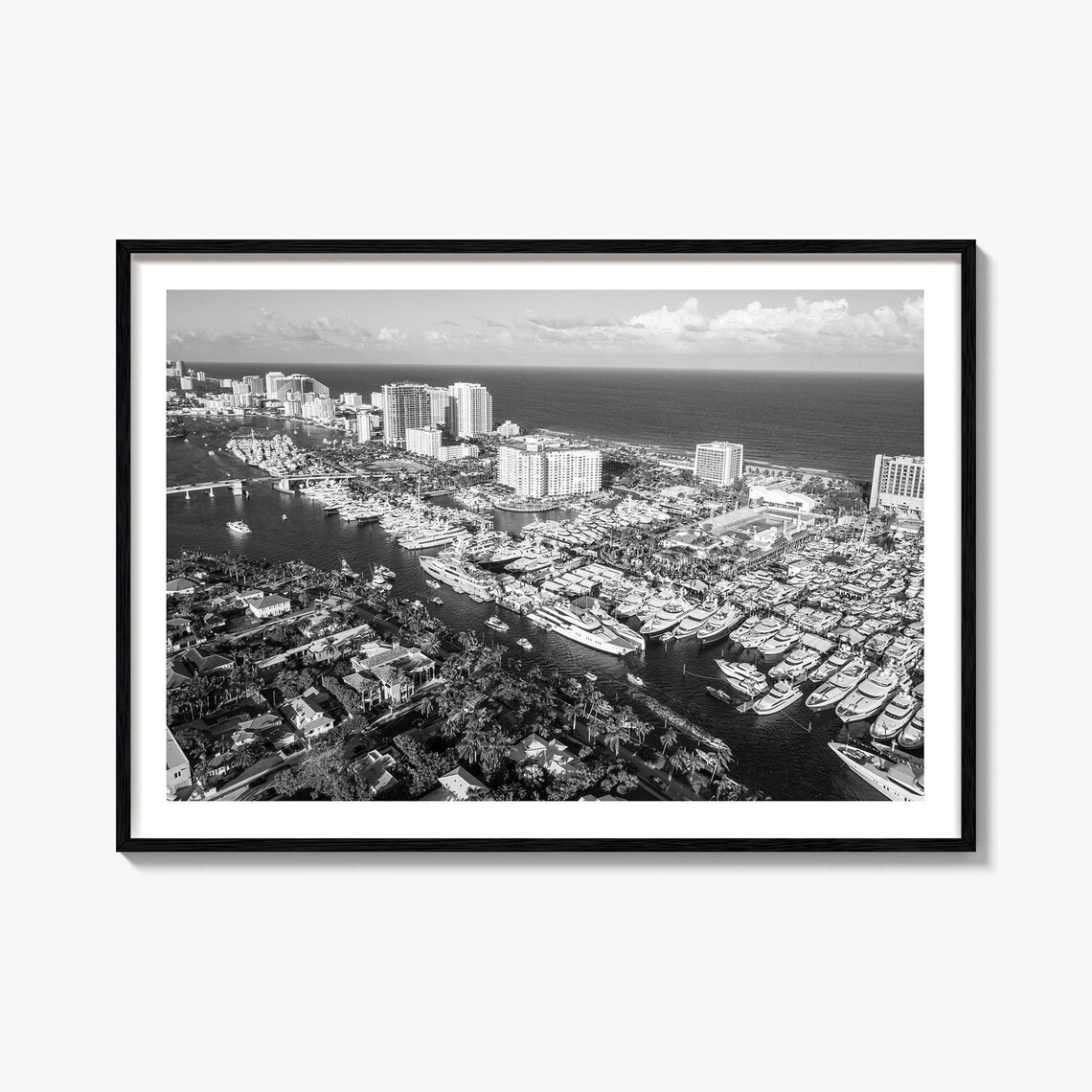 Black and White Aerial Yacht Marina Harbor City Photo Poster