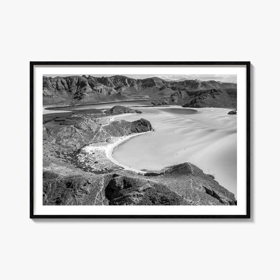 Black and White Desert Lagoon Between Mountains Aerial Photo Poster