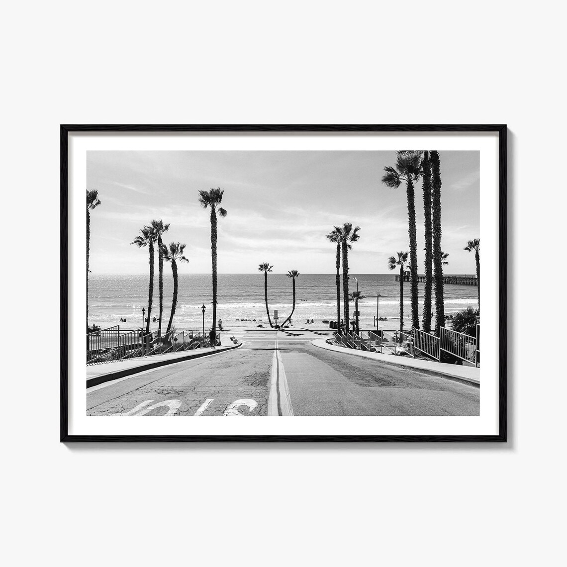 Black and White Palm Lined Street to Ocean Beach Photo Poster