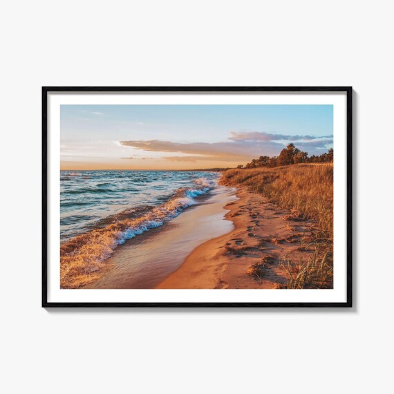 Lake Michigan Golden Sunset Sandy Beach Dunes Serene Nature Photography Poster