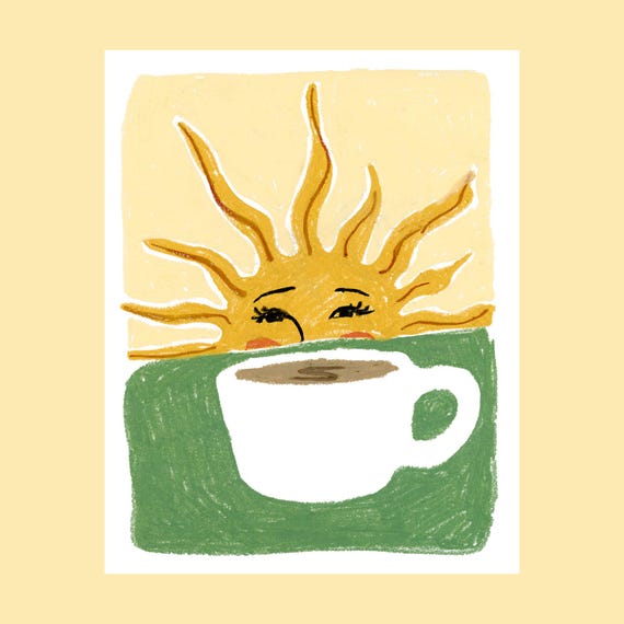 Coffee And Sunshine Art Print Modern Boho Oil Pastel Wall Art Warm Yellow Coffee Lover Decor