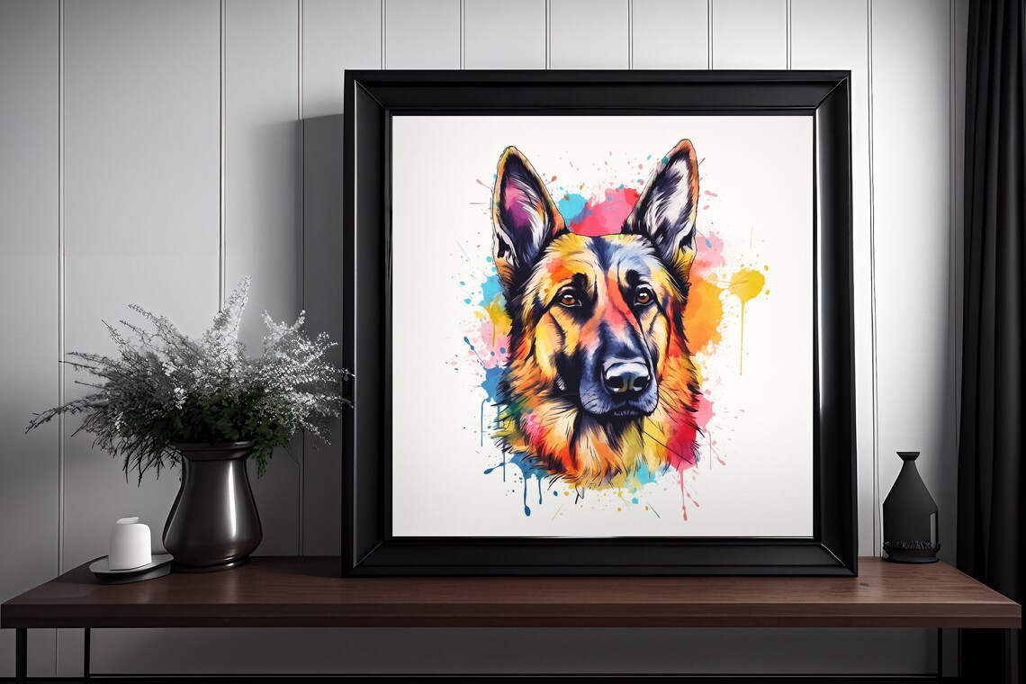 German Shepherd Watercolor Splatter Portrait Vibrant Dog Poster