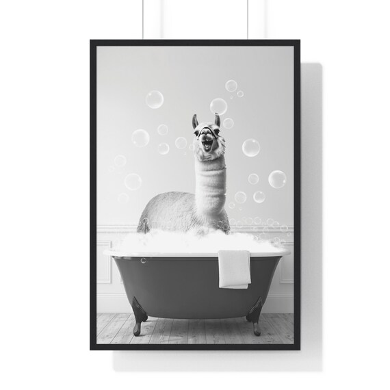Laughing Llama In Bubble Bath Black And White Bathroom Poster