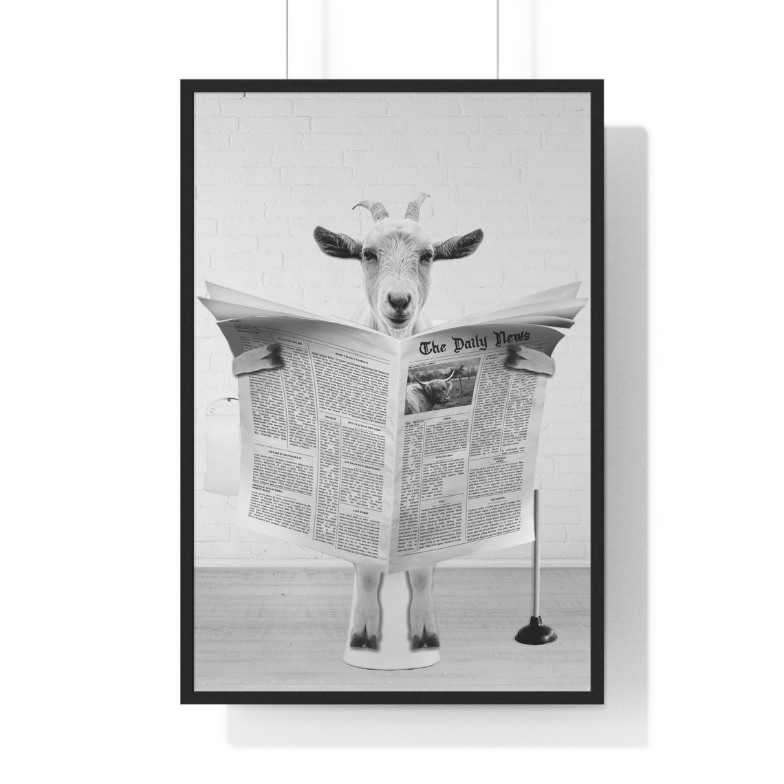 Goat Reading Newspaper on Toilet Funny Black and White Poster