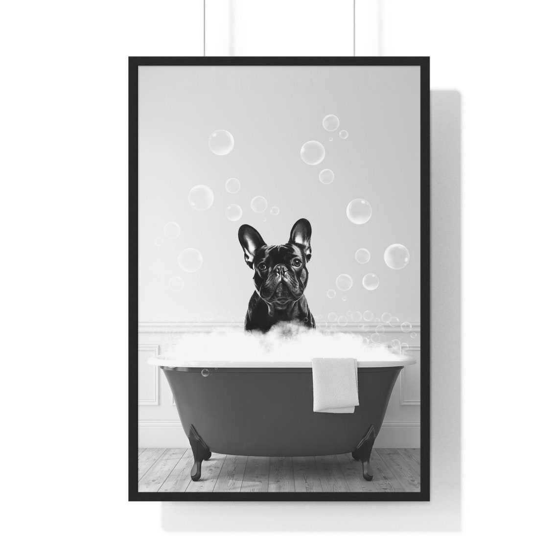 Adorable French Bulldog Enjoying Bubble Bath Funny Bathroom Poster