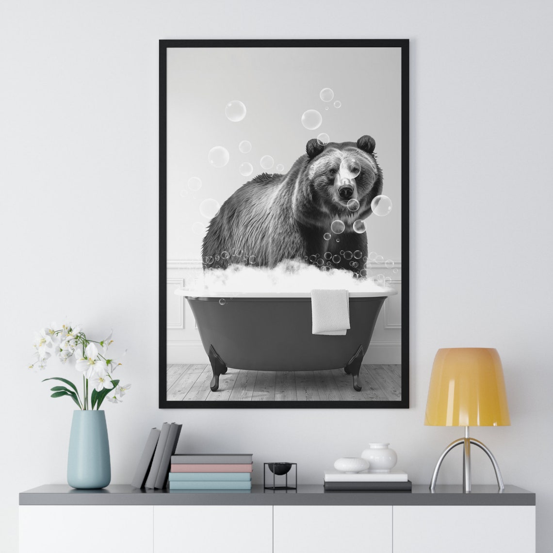 Grizzly Bear in Bubble Bath Black and White Funny Animal Art Poster - Image 2