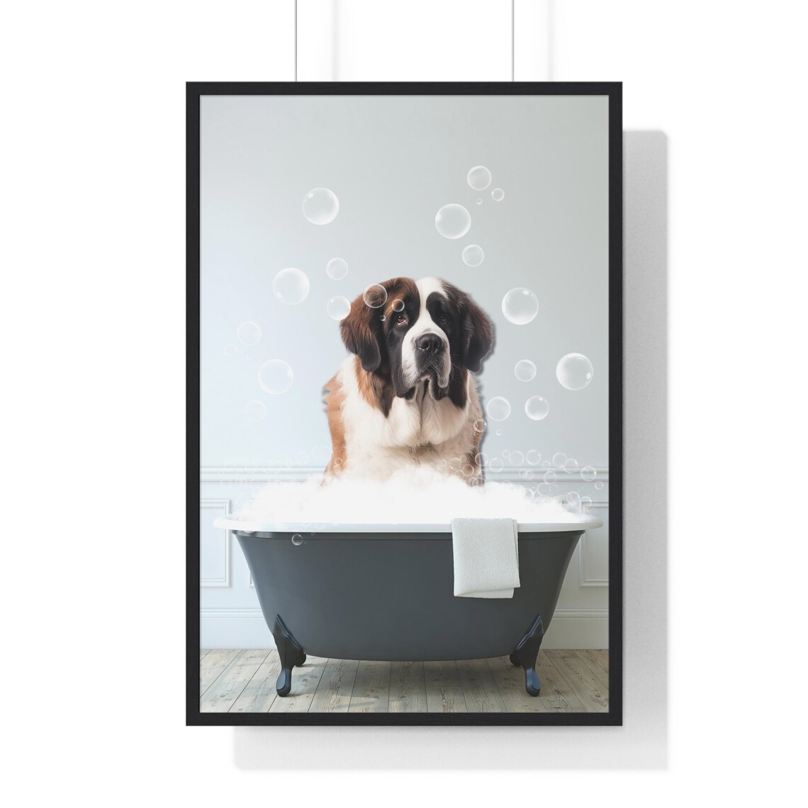 Gentle Saint Bernard in Bubble Bath Funny Dog Bathroom Art Poster