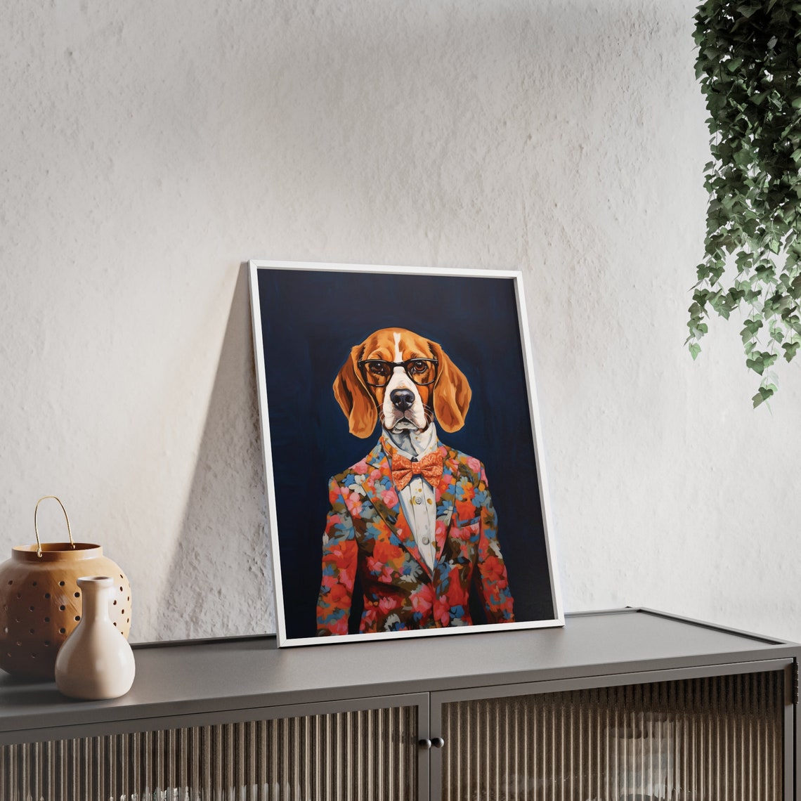 Beagle In Glasses Bow Tie Floral Suit Funny Dog Portrait Wall Art - Image 2