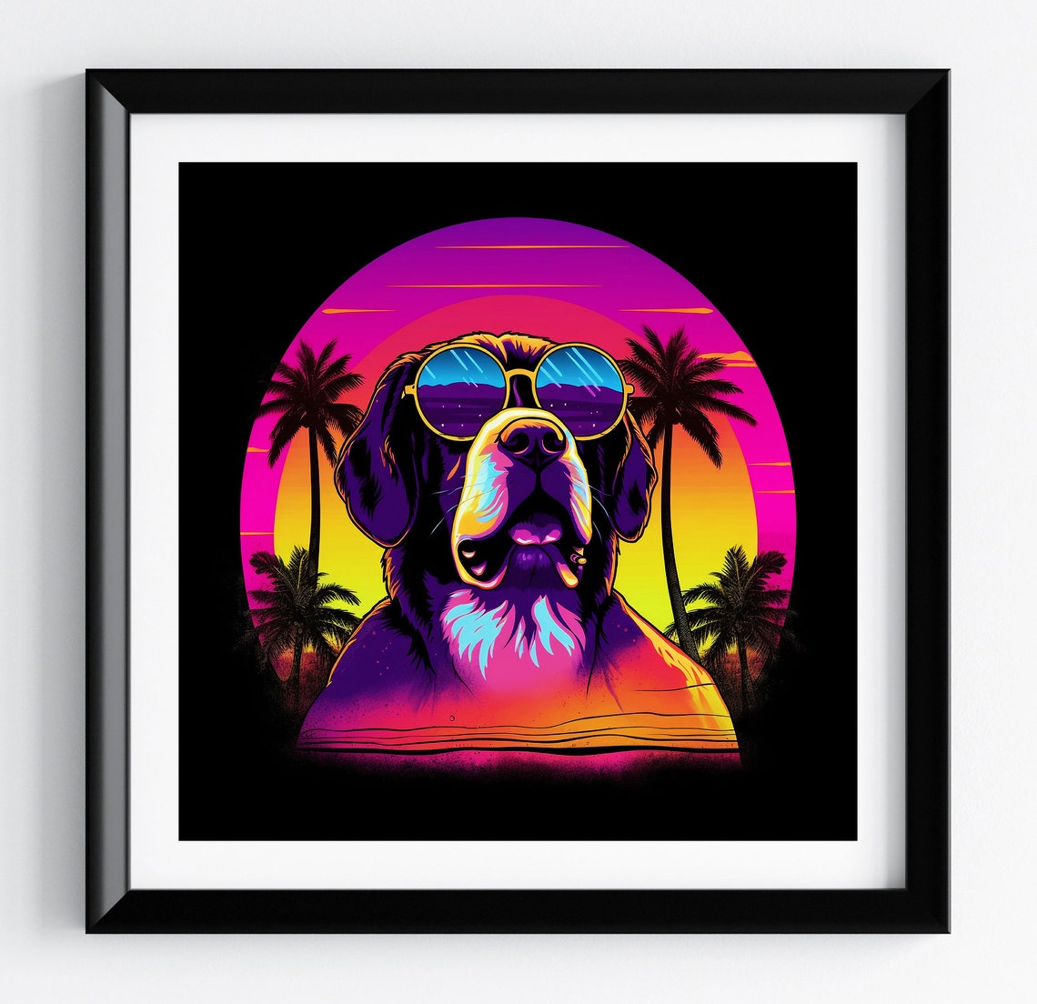 Saint Bernard Palm Sunset Round Cool Sunglasses Retro Dog Poster