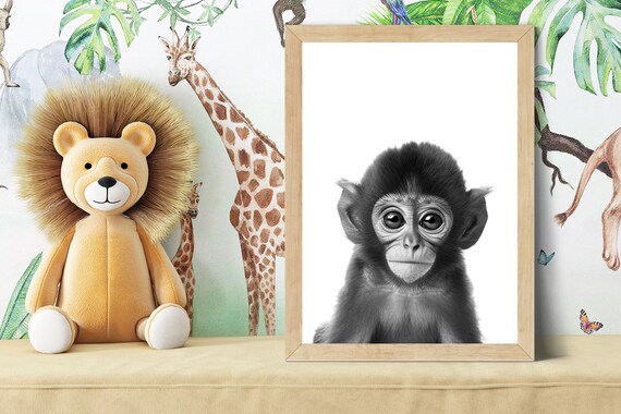Baby Monkey Portrait in Black and White Nursery Style Poster