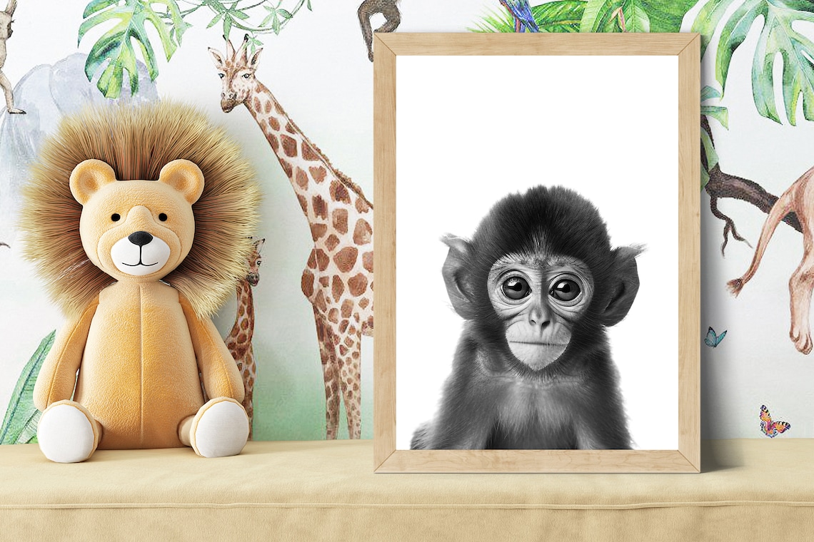 Baby Monkey Portrait in Black and White Nursery Style Poster