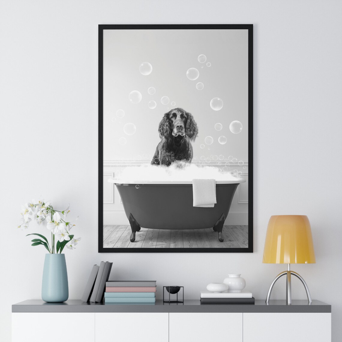 Spaniel Dog in a Bubble Bath Black and White Funny Bathroom Poster - Image 2