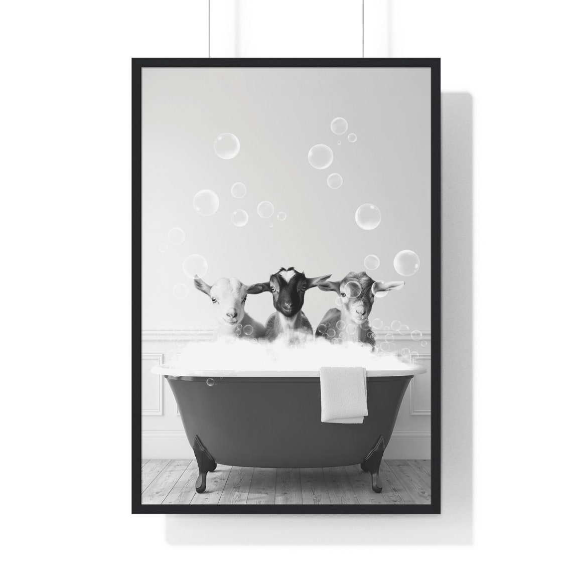 Three Baby Goats in Bubble Bath Black and White Funny Poster