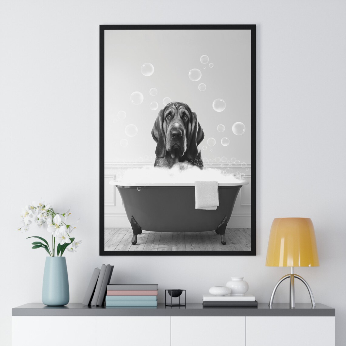 Bloodhound Dog in a Bubble Bath Black and White Funny Bathroom Poster - Image 2