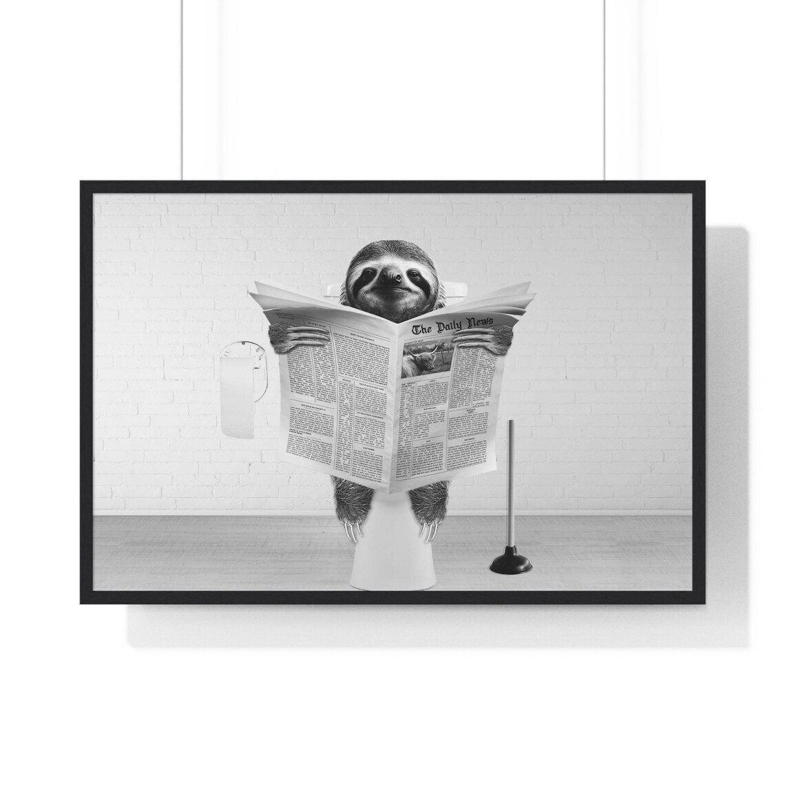 Lazy Sloth Reading Newspaper on Toilet Funny Bathroom Wall Decor Poster