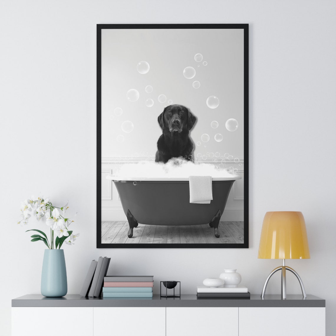 Labrador Retriever Dog in a Bubble Bath Funny Black and White Poster - Image 2