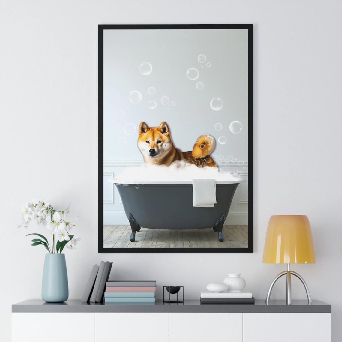 Shiba Inu Soaking In A Bubble Bath Funny Dog Bathroom Poster - Image 2
