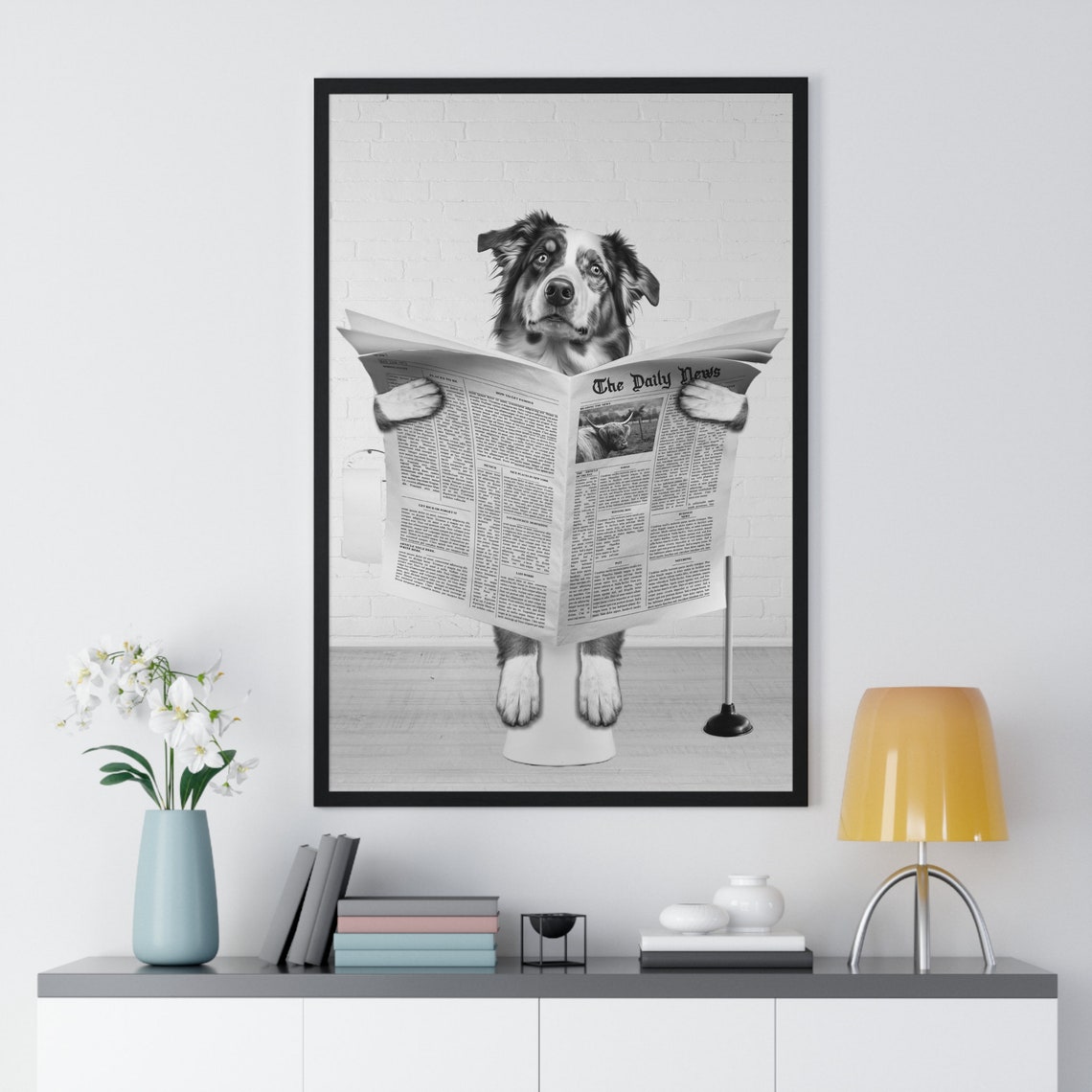 Australian Shepherd Reading Newspaper Funny Bathroom Art Poster - Image 2
