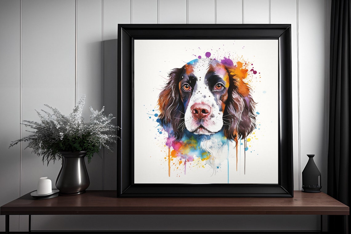 English Springer Spaniel Watercolor Splatter Dog Portrait Poster
