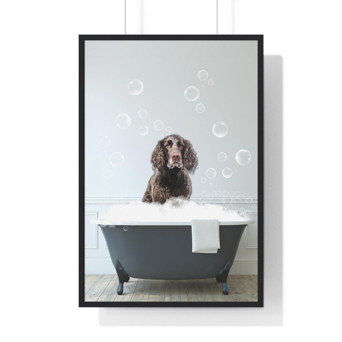 Handsome Water Spaniel in Bubble Bath Funny Dog Bathroom Art Poster